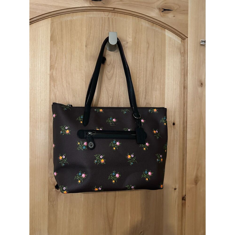 Coach Brown Leather City Tote with Vintage Rose Prints EUC